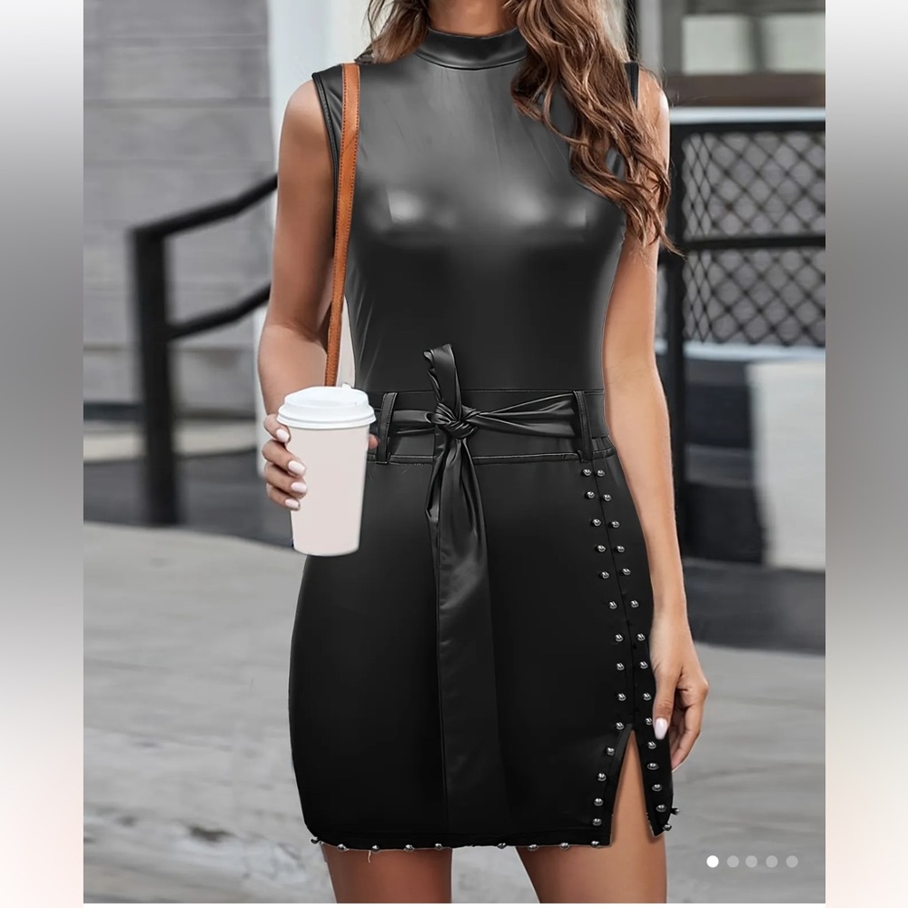 Black Pleather Studded Dress
